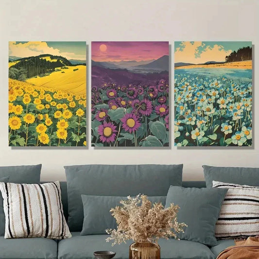 3pcs Yellow, Purple, Blue Flower Fields Metal Print Ready to Hang Art