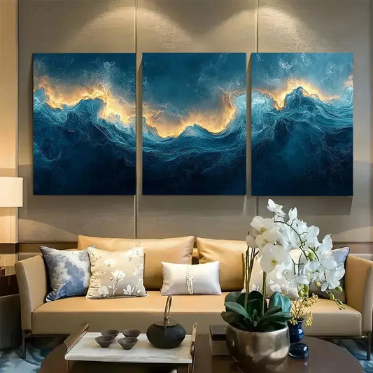 3pcs Abstract Teal Fluid Nautical Design Metal Print Ready to Hang Art