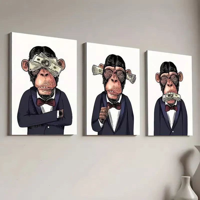 3pcs Modern Aesthetic Fashion Monkey Gentleman Wall Art Set Canvas Framed 40x60cm - High Quality Print 100% Australian Made Wall Canvas Ready to Hang