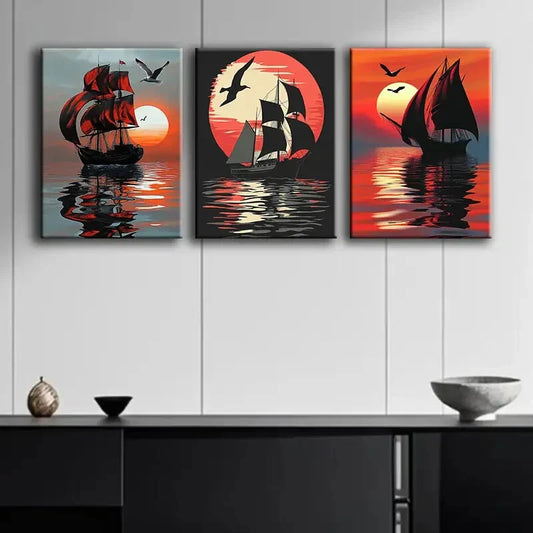 3pcs Sailboats Sunset Shine Moon Ocean Perfect Wall Art Set Canvas Framed 40x60cm - High Quality Print 100% Australian Made Wall Canvas Ready to Hang