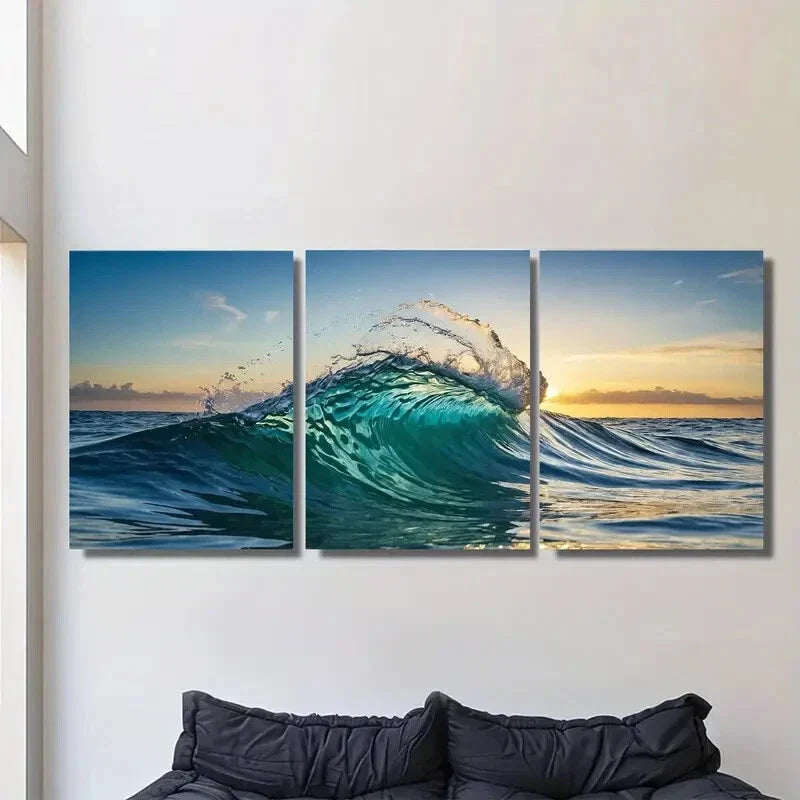3pcs Sunset Seascape with Dynamic Waves Metal Print Ready to Hang Art