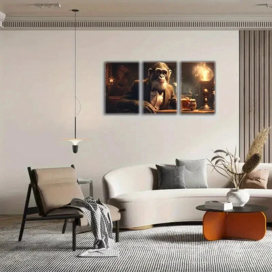 3pcs Elegant Monkey in Suit with Whiskey Art Metal Print Ready to Hang Art