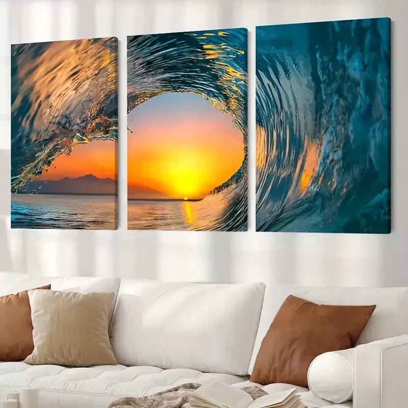 3pcs Ocean Great Wave Surfing and Sunset Canvas Framed 40x60cm - High Quality Print 100% Australian Made Wall Canvas Ready to Hang