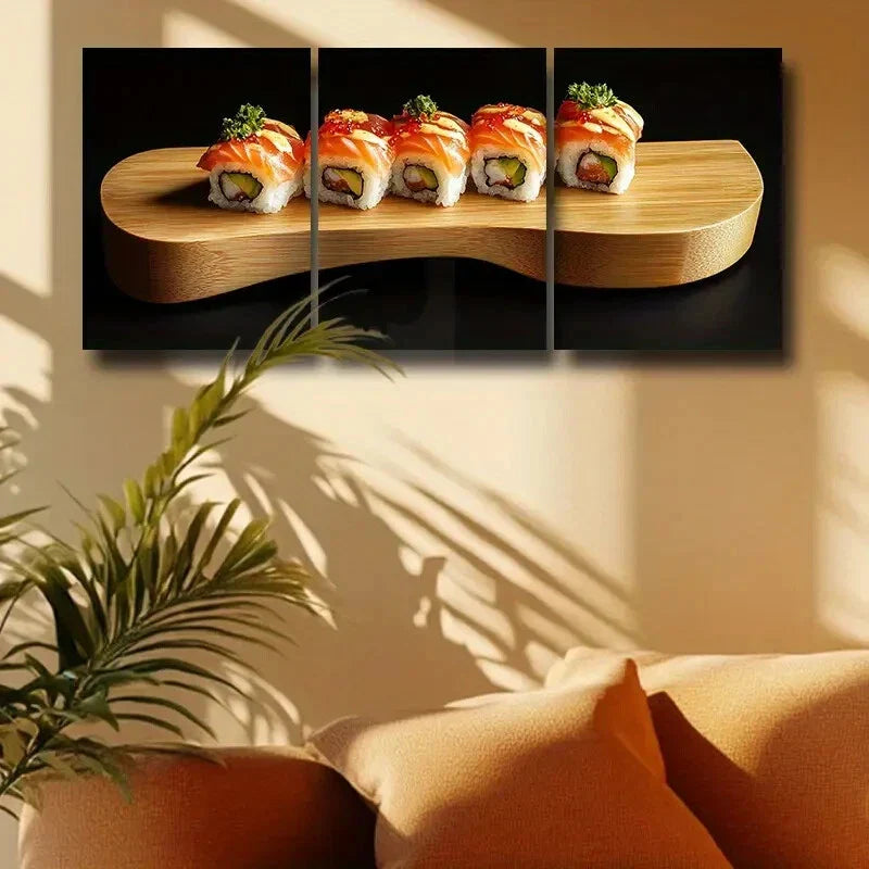 3pcs Vibrant Sushi Rolls with Wasabi & Soy Sauce Metal Print Ready to Hang Art