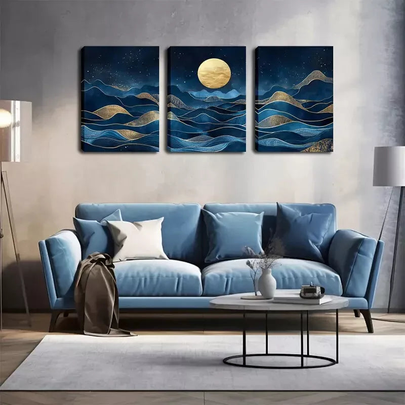 3pcs Blue Abstract Mountain And Moon Wall Art Set Canvas Framed 40x60cm - High Quality Print 100% Australian Made Wall Canvas Ready to Hang