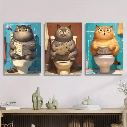 3pcs Whimsical Cat Animal Toilet Reading Metal Print Ready to Hang Art