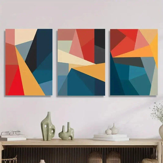 3pcs Geometric Abstract Designs, Vibrant Poster Metal Print Ready to Hang Art