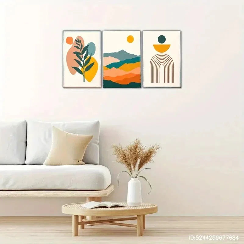 3pcs Artistic Colorful Leaves and Mountains Sun Metal Print Ready to Hang Art