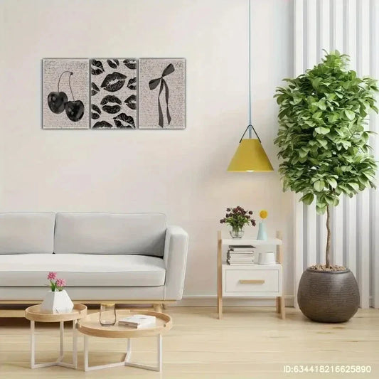 3pcs Retro Cherry Prints Lip Prints Bow Print Metal Print Ready to Hang Art
