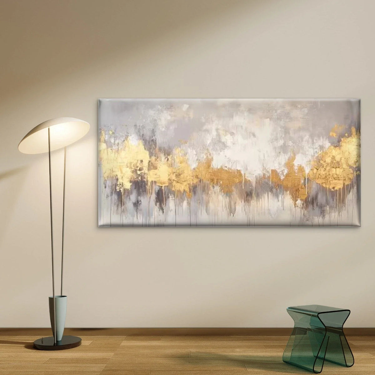 Abstract Golden & Grey Wall Art Canvas Office Home Room Framed 80x45cm