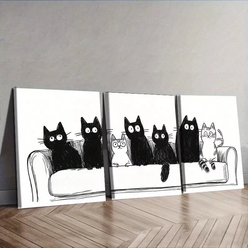 3pcss Cats Sitting on Couch Design Wall Art Set Canvas Framed 40x60cm - High Quality Print 100% Australian Made Wall Canvas Ready to Hang
