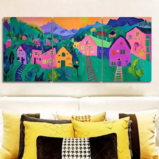 3pcs Colorful Mountain & House Scenes Wall Art Set Canvas Framed 40x60cm - High Quality Print 100% Australian Made Wall Canvas Ready to Hang
