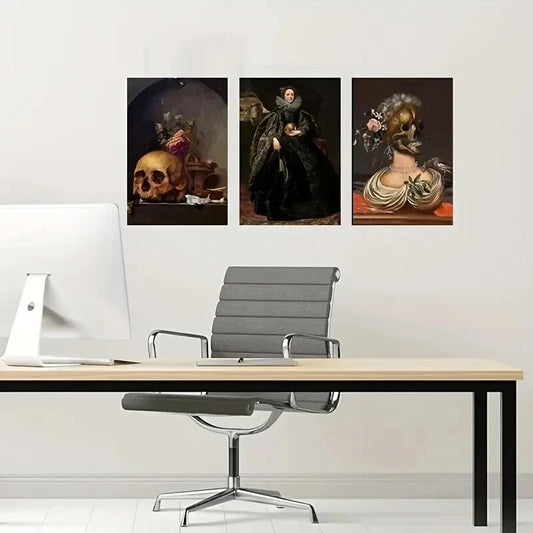 3pcs Gothic Skull & Floral Metal Print Ready to Hang Art