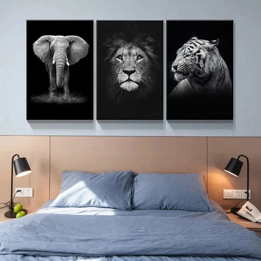 3pcs Elephant Lion Tiger Animal Prints Metal Print Ready to Hang Art