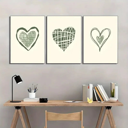 3pcs Sage Green Love Heart Vintage Art Minimal Metal Print Ready to Hang Art