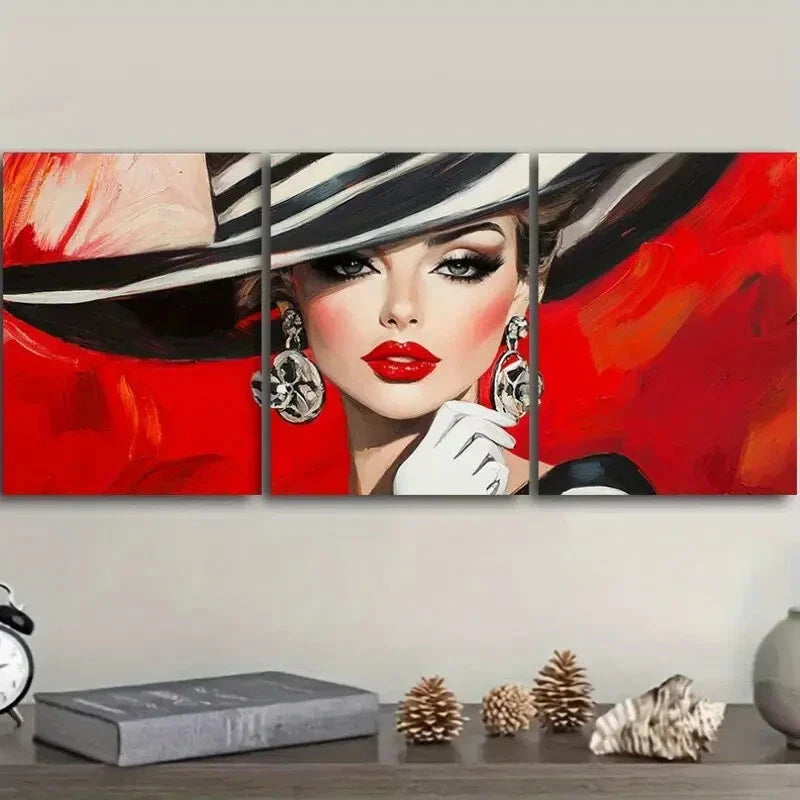 3pcs Fashionable woman in black hat Wall Art Set Canvas Framed 40x60cm - High Quality Print 100% Australian Made Wall Canvas Ready to Hang