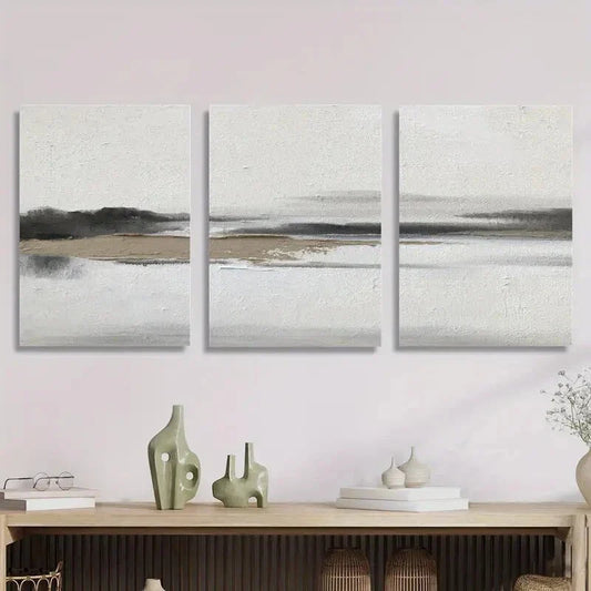 3pcs Misty landscape painting, beige Metal Print Ready to Hang Art