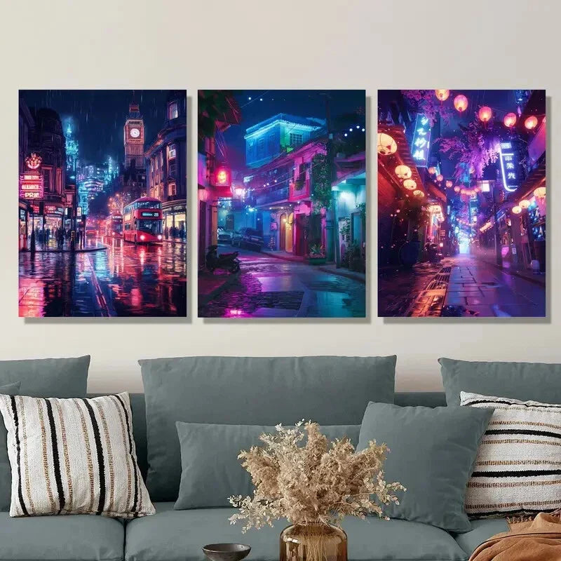 3pcs Night Scene under Neon Lights, Metal Print Ready to Hang Art