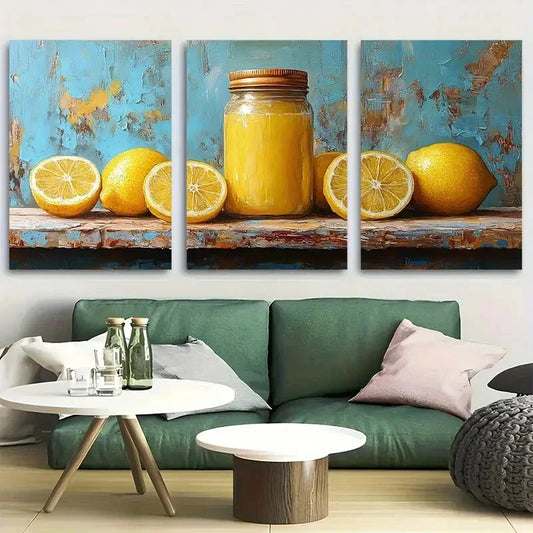 3pcs Vibrant Glass Jar Lemon Metal Print Ready to Hang Art