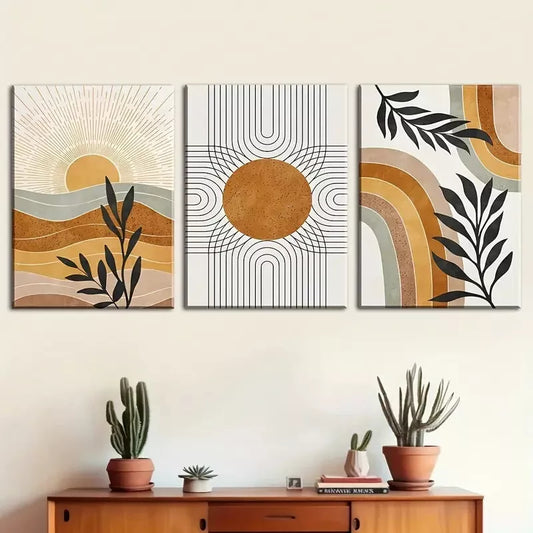 3pcs abstract line leaf sun print, bohemian Wall Art Set Canvas Framed 40x60cm - High Quality Print 100% Australian Made Wall Canvas Ready to Hang