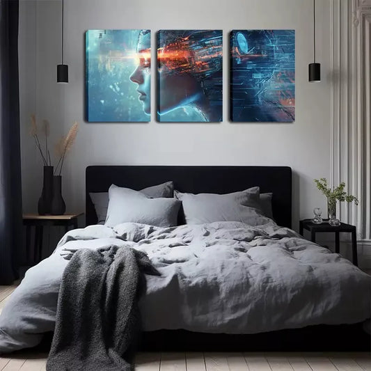 3pcs Surreal Cyborg Brain Triptych, Wall Art Set Canvas Framed 40x60cm - High Quality Print 100% Australian Made Wall Canvas Ready to Hang