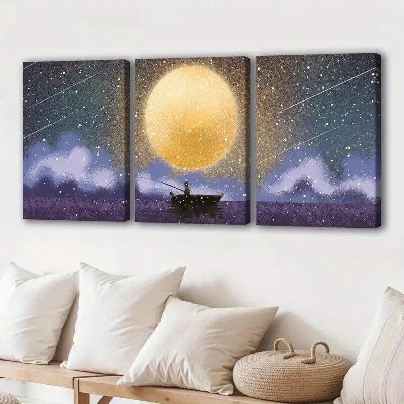 3pcs Tranquil Fishing Scene on a Full Moon Day Wall Art Set Canvas Framed 40x60cm - High Quality Print 100% Australian Made Wall Canvas Ready to Hang