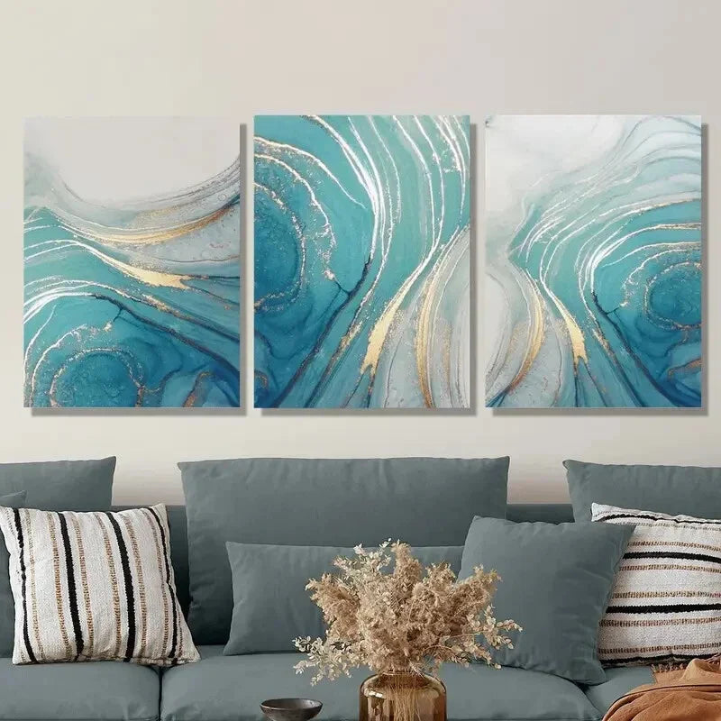 3pcs Beautiful blue light luxury abstract golden Metal Print Ready to Hang Art