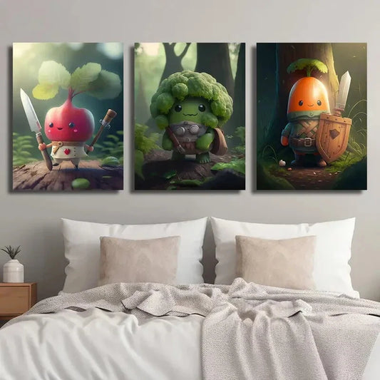 3pcs Funny Cute Forest Monster Carrot Cauliflower Metal Print Ready to Hang Art