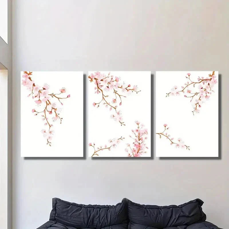 3pcs Vibrant Sakura Watercolor Branches Metal Print Ready to Hang Art
