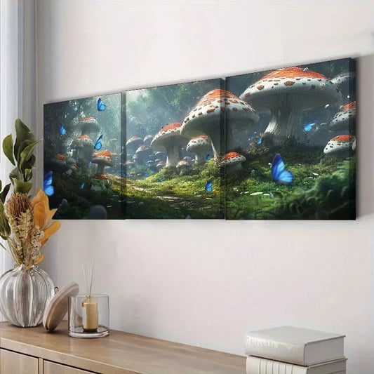 3pcs Featuring Mushrooms In A Forest Nature Wall Art Set Canvas Framed 40x60cm - High Quality Print 100% Australian Made Wall Canvas Ready to Hang