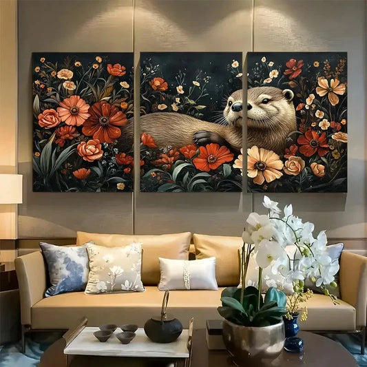 3pcs Otter with Flowers Whimsical Dark Floral Metal Print Ready to Hang Art