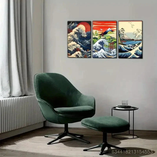 3pcs Ocean Waves and Mount Fuji Landscape Metal Print Ready to Hang Art