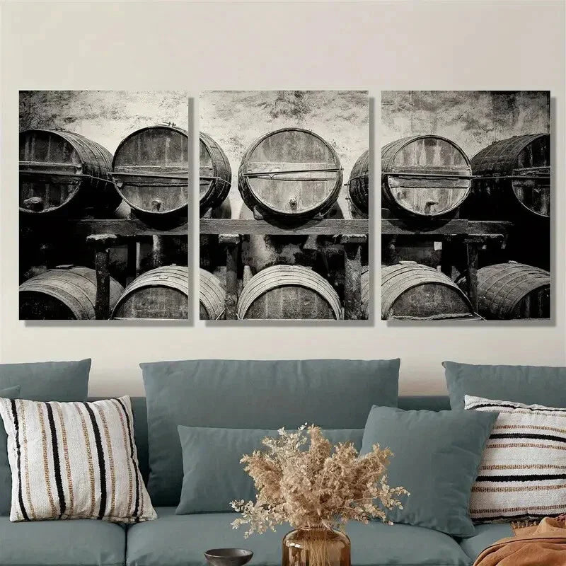 3pcs antique wine barrels stacked in a vintage wineMetal Print Ready to Hang Art