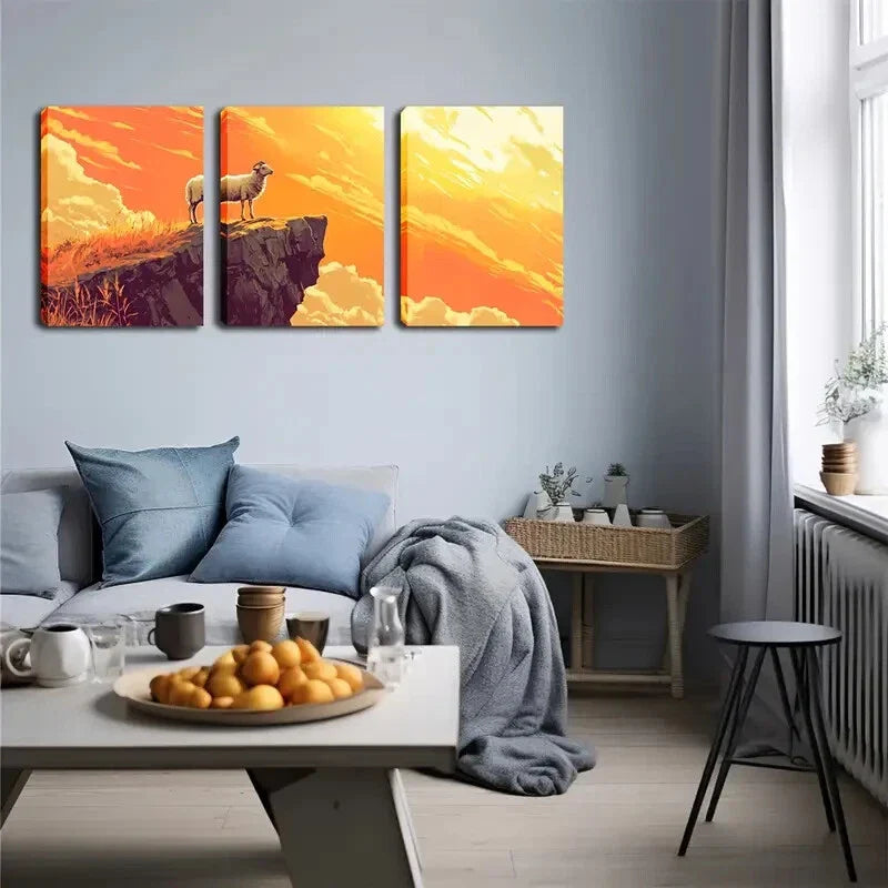 3pcs Sheep Standing on a Cliff , Wall Art Set Canvas Framed 40x60cm - High Quality Print 100% Australian Made Wall Canvas Ready to Hang