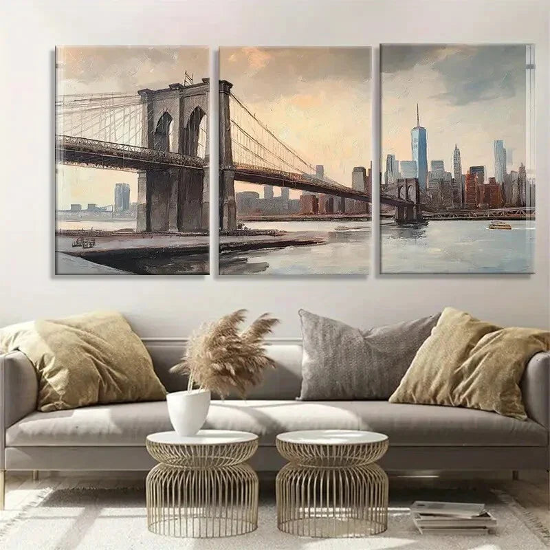 3pcs Skyline And Brooklyn Bridge Perfect Wall Art Set Canvas Framed 40x60cm - High Quality Print 100% Australian Made Wall Canvas Ready to Hang