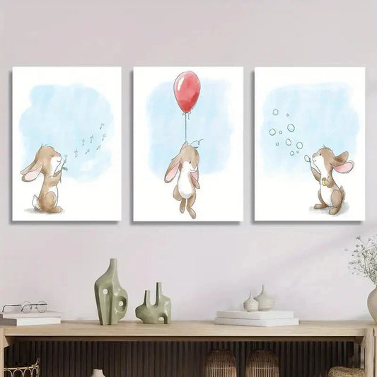 3pcs Bunny Blowing Bubbles, Bunny Playing Metal Print Ready to Hang Art