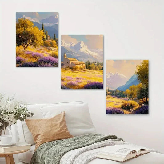 3pcs Vintage House with Mountain View Metal Print Ready to Hang Art