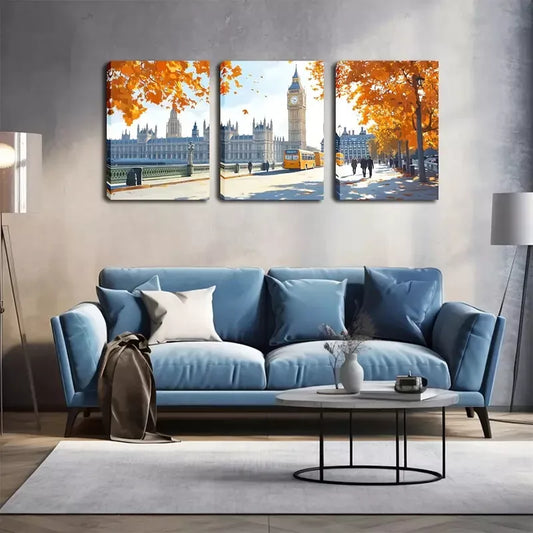 3pcs Refreshing, Autumn London Street Wall Art Set Canvas Framed 40x60cm - High Quality Print 100% Australian Made Wall Canvas Ready to Hang