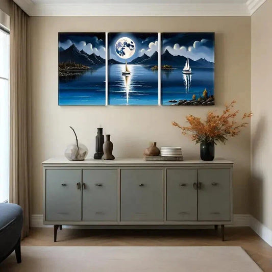 3pcs Teal Ocean with Sailboats & Mountains Metal Print Ready to Hang Art