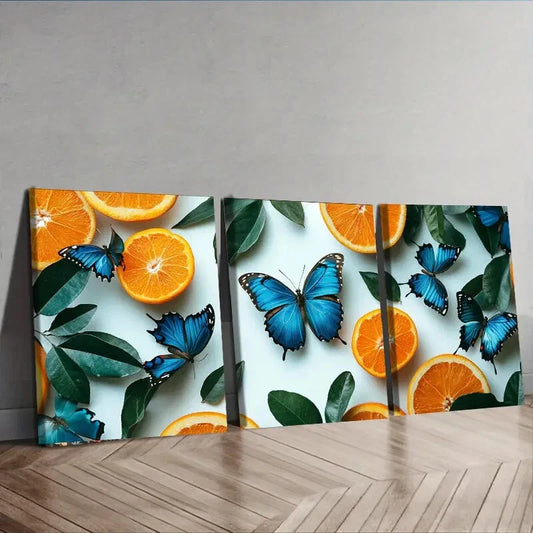 3pcs Blue Butterflies & Orange Tree Perfect Wall Wall Art Set Canvas Framed 40x60cm - High Quality Print 100% Australian Made Wall Canvas Ready to Hang