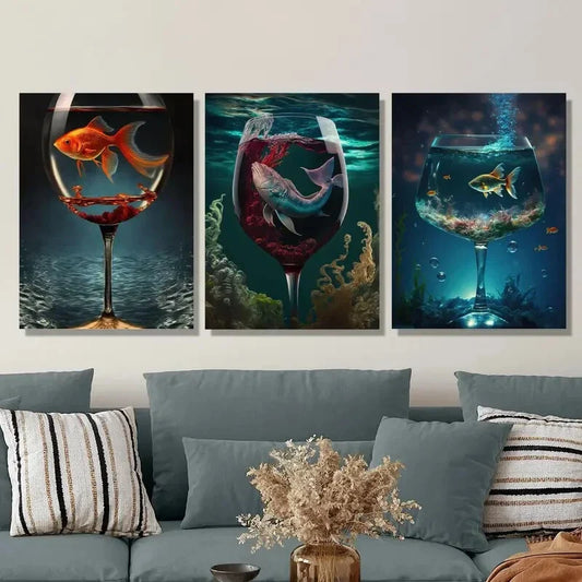 3pcs Aquarium in a cup, fish poster, Metal Print Ready to Hang Art