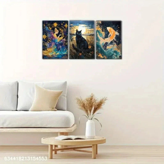 3pcs Sea Waves and Fish Cat Decoration Poster Metal Print Ready to Hang Art