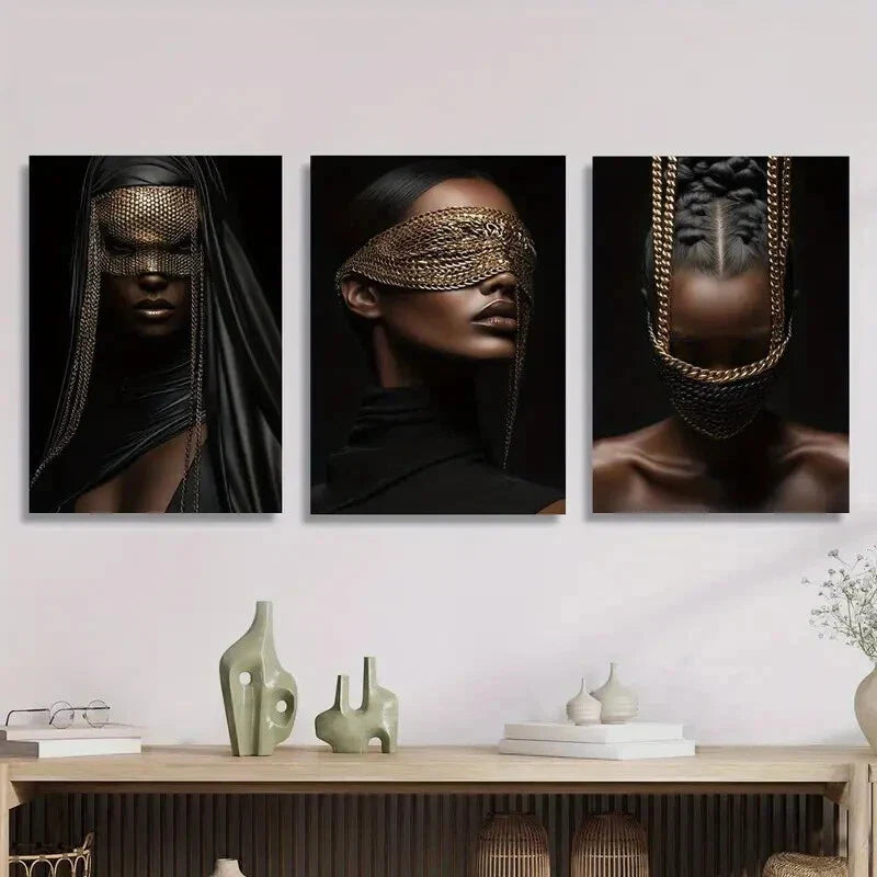 3pcs Woman in Mask with Golden Chains Metal Print Ready to Hang Art