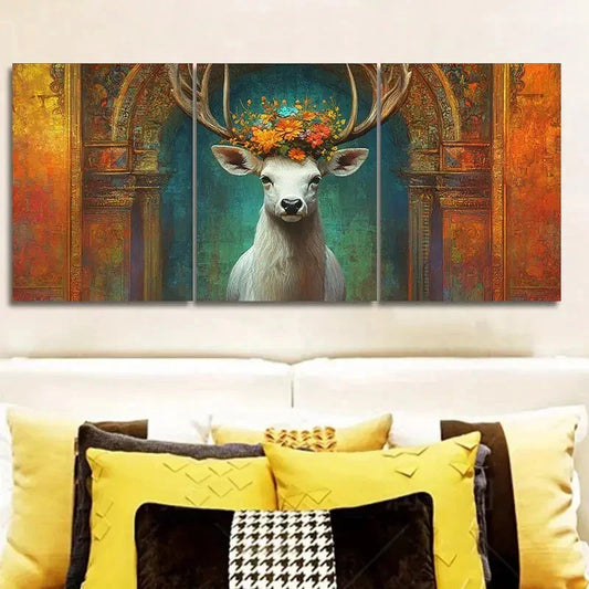 3pcs A white deer with flowers on its head Wall Art Set Canvas Framed 40x60cm - High Quality Print 100% Australian Made Wall Canvas Ready to Hang