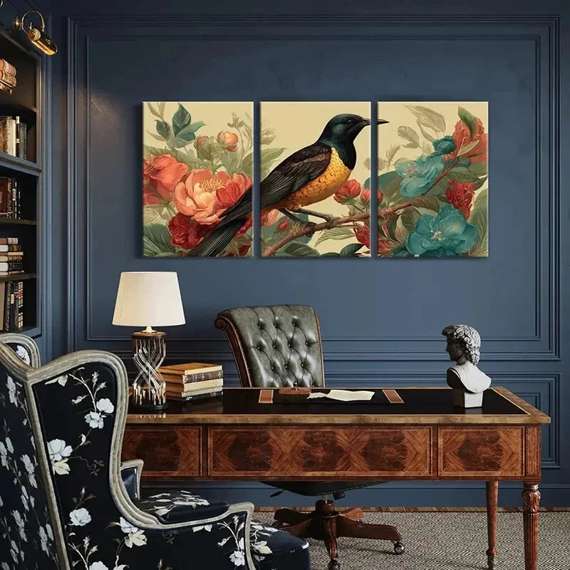 3pcs Artistic Bird Floral Surroundings Elegant Metal Print Ready to Hang Art