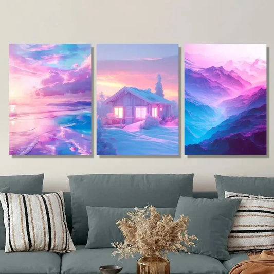 3pcs Pastel beach scenery, pink colored houses Metal Print Ready to Hang Art