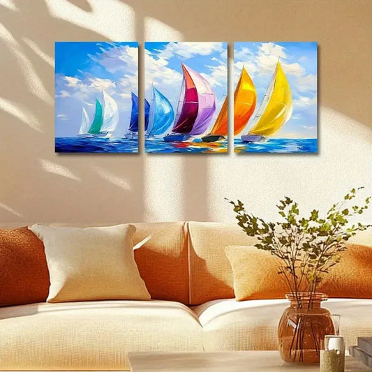 3pcs Vibrant Sailboats in the Water Metal Print Ready to Hang Art