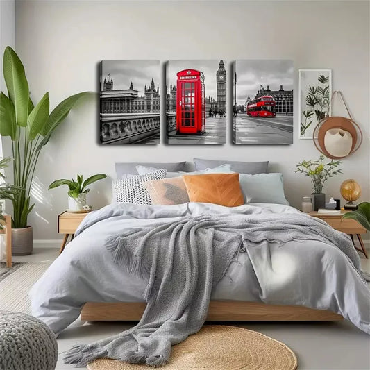 3pcs Refreshing, Red Phone Booth And Bus, Wall Art Set Canvas Framed 40x60cm - High Quality Print 100% Australian Made Wall Canvas Ready to Hang