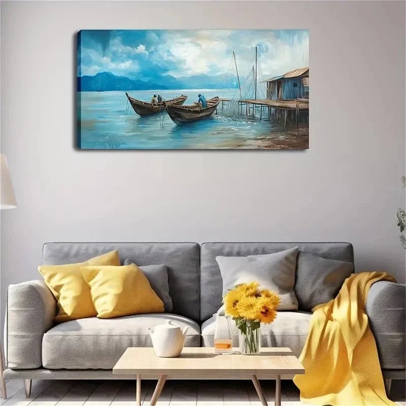 Realistic-Style Coastal Scene Wall Art Canvas Office Home Room Framed 80x45cm