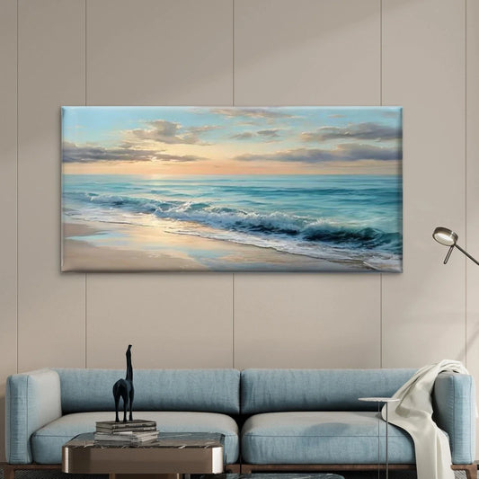 Romantic Beach Scene with Ocean Wall Art Canvas Office Home Room Framed 80x45cm